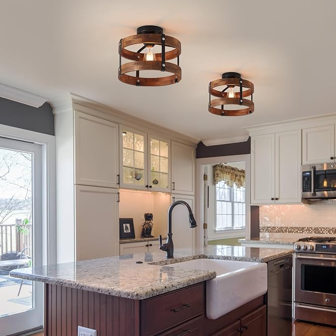 Rustic Farmhouse Wood Flush Mount Ceiling Light Fixture 1 Light Oak Wood and Metal Round Drum Semi Flush Mount Ceiling Light for Kitchen Hallway Entryway Bedroom Farmhouse Country, Black