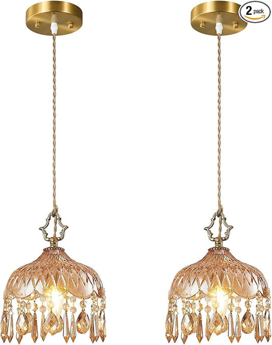 Brass Vintage Glass Pendant Light Crystal Hanging Light Fixtures,Adjustable Height Amber Glass Pendant Lights for Kitchen Island Dining Room Living Room Bedroom Hallway(Amber,2-Pack)