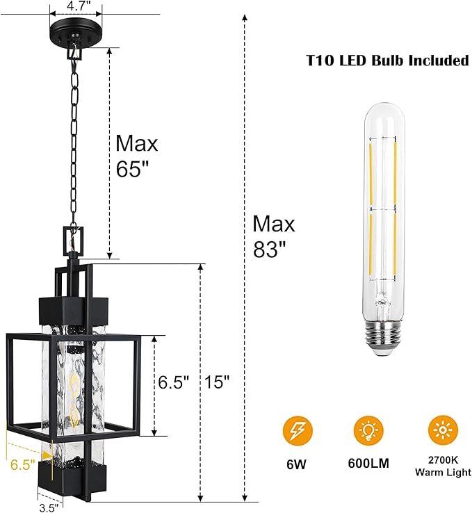 PARTPHONER Motion Sensor 15" Outdoor Pendant Light Exterior Hanging Lantern, Modern Black Metal Outside Chandelier Light Fixture Ceiling Mount with Water Glass for Front Porch Entrance Foyer Entryway