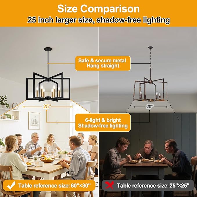 25" Modern Black and Gold No Assembly Required Chandelier for Dining Room, Black and Gold Dining Room Light Fixture Over Table, Industrial Metal Hanging Pendant Light for Kitchen Island, Entryway