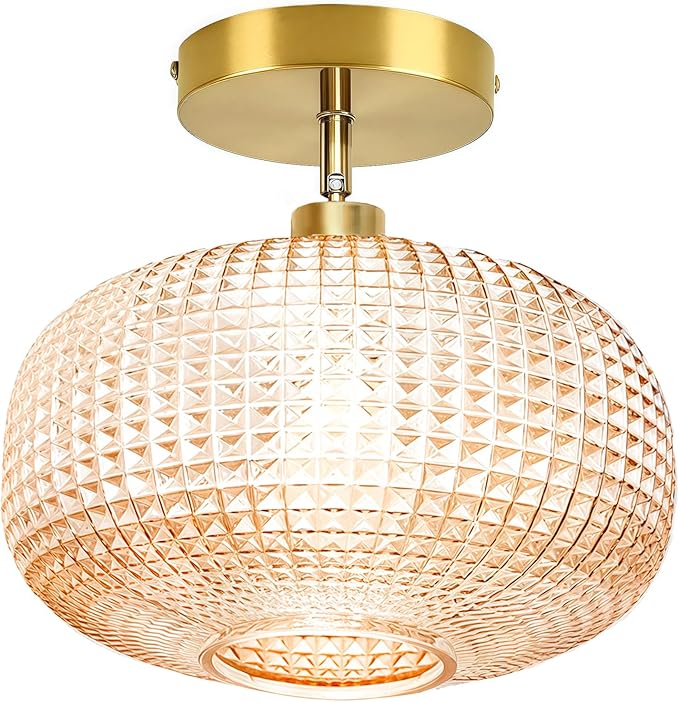 Semi Flush Mount Ceiling Light,Vintage Ceiling Light Fixture,Upgrade Sloped Ceiling Light Fixture with Amber Glass Shade,Art Decor Light Fixture,Kitchen Lighting Fixtures for Bedroom,Porch