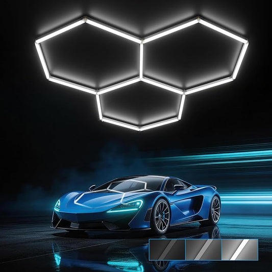 HYPERLITE Gen 2 Hexagon Garage LED Light, Upgraded 3 Level Dimmable 105W 10500LM Super Bright Garage Detailing Lights, 3 Grids Hex Shop Light, Hexagon LED Lights for Basement, Gym, Shop