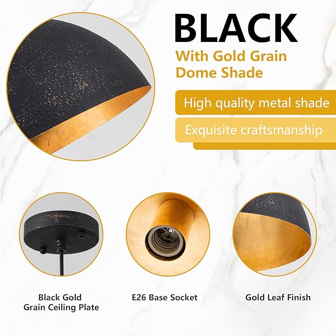 15.7" Farmhouse Pendant Light,Black with Gold Grain Industrial Large Dome Light Fixture,Adjustable Vintage Chandelier for Kitchen Island,Dining Room,and Bedroom