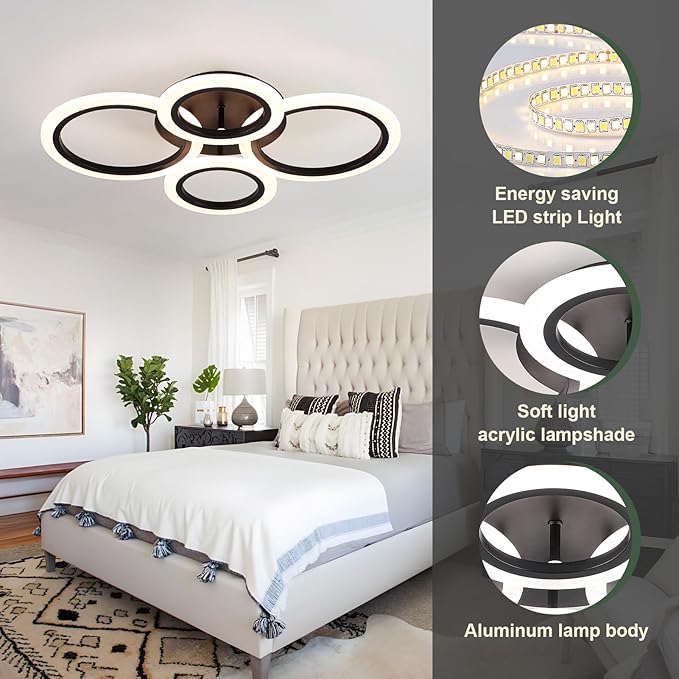 Modern Ceiling Lights 24" 40W, Dimmable Kitchen Lighting Fixtures Ceiling, 3000-6500K Light Fixture Ceiling Mount with Remote Control, Black 4 Ring LED Ceiling Light for Bedroom