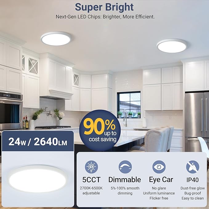 6 Pack 2640LM LED Flush Mount Ceiling Light, 24W Dimmable & 5 CCT Selectable (2700K-6500K), 12 Inch Ultra-Thin Round Flat Light Fixture for Bedroom Kitchen Hallway, White