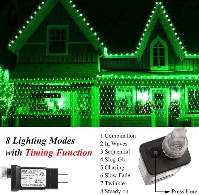 LED Net Lights Mesh Lights Green St. Patrick's Day Decor, 240LED Timer Tree Warp Fairy Lights Outdoor Hanging String Light for Christmas, Garden, Walkway, Bushes Decor-9.8ft x 6.6ft(Green)