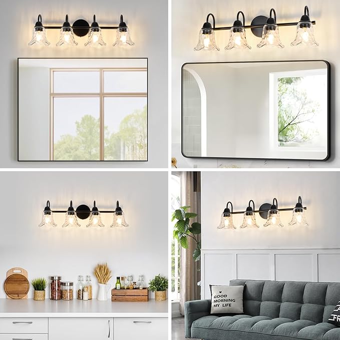 Bathroom Light Fixtures over Mirror, 4 Lights Vintage Wall Sconces with Hammered Glass Shade, 26.8" Matte Black Farmhouse Bathroom Wall Light Fixtures for Bedroom, Porch, Hotel, Mirror Cabinet