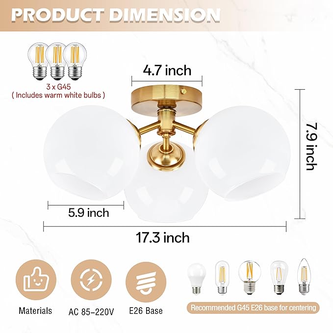 KoKo&Yukina 3-Light Mid Century Modern Gold Semi Flush Mount Ceiling Light Globe Sputnik Chandelier Fixture Milk Glass Globe Ceiling Lights for Bedroom Living Room Hallway Entryway Foyer