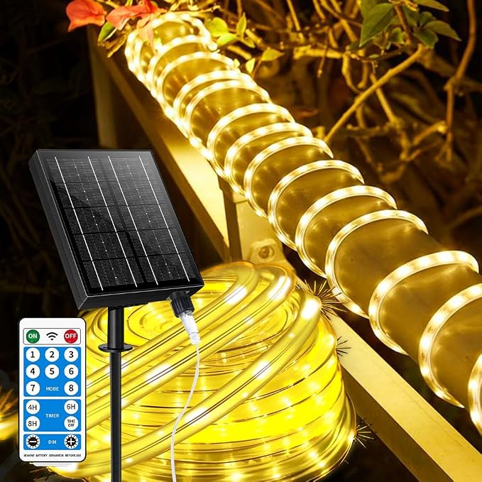 Thicker Tube Solar Rope Lights with Remote for Garden Decoration ,39FT 200LEDs Outdoor Solar Strip Lights for Palm Tree,IP67 Waterproof,USB Charging & 8 Modes Fairy Light for Christmas(Warm White)