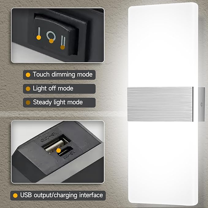 MEHIDFY Wall Sconces Sets of 2, Dimmable Touch Control Wall Lamp, Rechargeable LED Wall Sconces, Battery Operated Wall Lights, Bedside Lamp, Reading Light Bedroom with 4 Brightness (White)