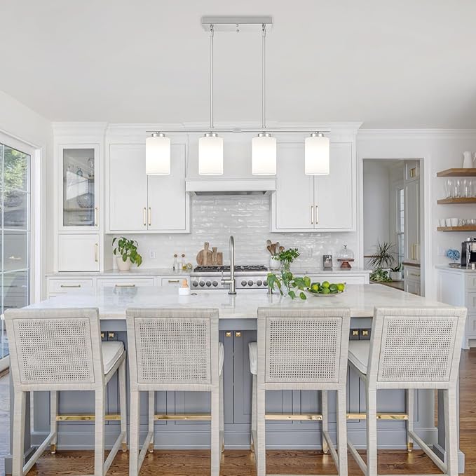 Brushed Nickel Island Lights for Kitchen, 4-Light Dining Room Light Fixtures Modern Linear Chandeliers Over Table White Frosted Glass Adjustable Hanging Lights Kitchen Pendant Lighting Over Island