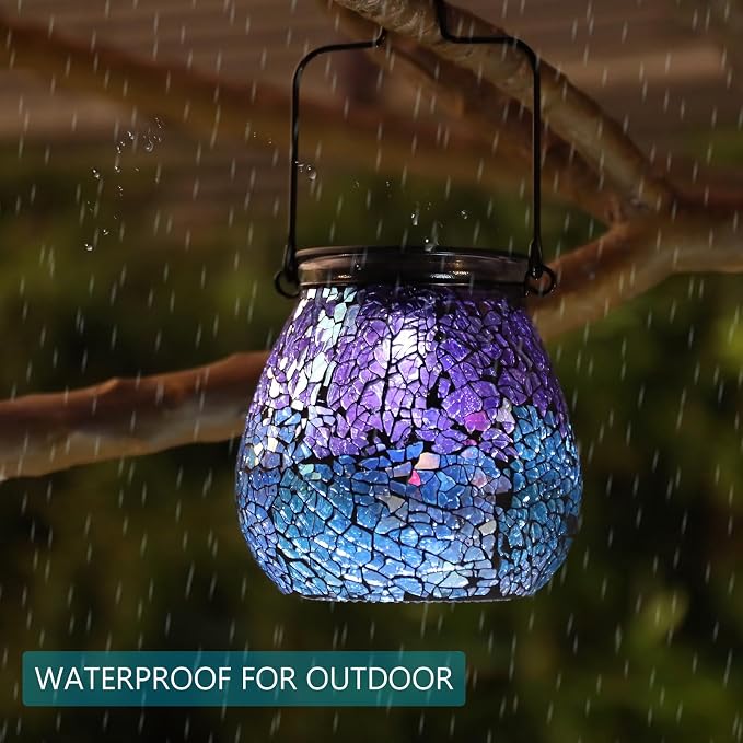 Bshine Mosaic Solar Lantern Outdoor Hanging Waterproof, Colourful Glass Purple Lantern Valentine's Day Indoor Decor Table, Garden Decor for Yard Outside, Lawn, Birthday Gift for Mom Women Gardening