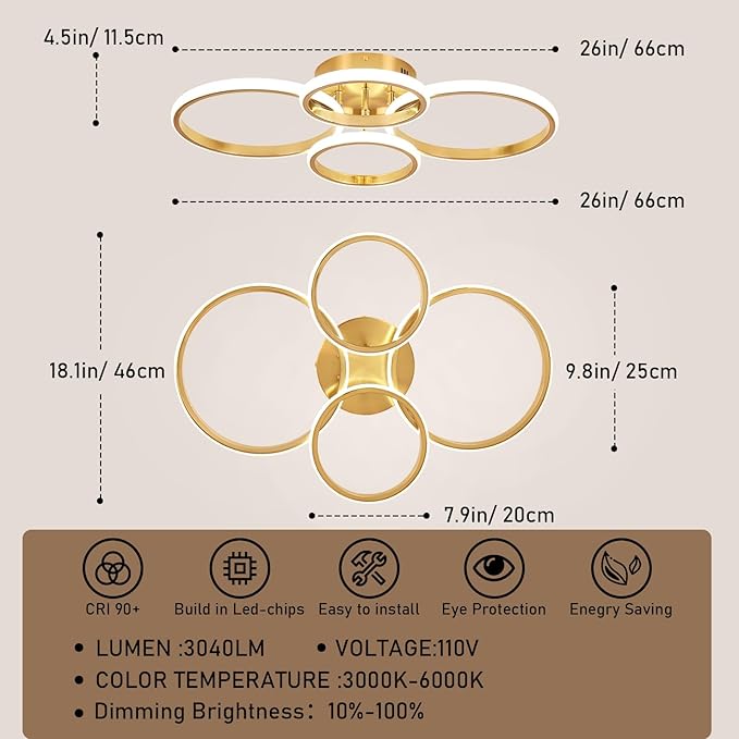 Dimmable Modern LED Ceiling Light, 4 Rings 3000K-6000K LED Gold Close to Ceiling Light, Flush Mount Ceiling Lights Fixture for Bedroom, Kitchen, Laundry Room,Office