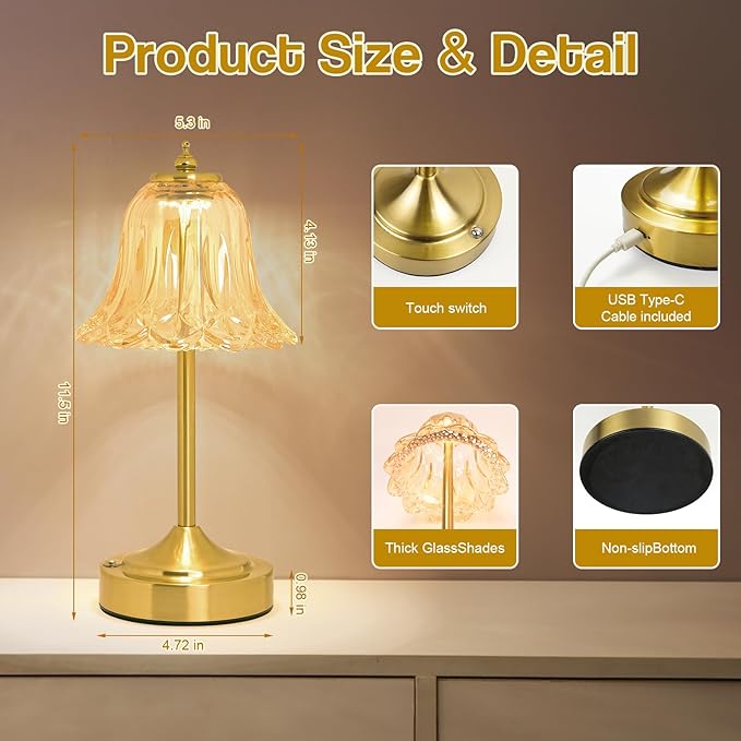 Cordless Table Lamp, Rechargeable 5200mAh Battery Lamp, Flower-Inspired Crystal Small Cordless Lamp with 3 Color Dimmable Touch Control for Bedroom Nightstand Living Room Decor