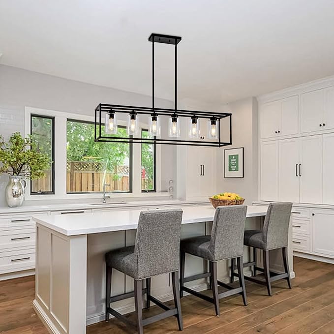 6 Light Dining Room Light Fixture Black Farmhouse Chandelier Kitchen Island Pendant Lighting Rectangle Modern Industrial Living Room Hanging Lights Adjustable Height