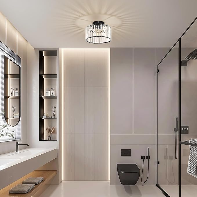 Modern Ceiling Light, Crystal Hallway Semi Flush Mount Ceiling Lighting Fixture, Black Metal Close to Ceiling Lamp for Bathroom Entryway Bedroom Porch Kitchen Living Room