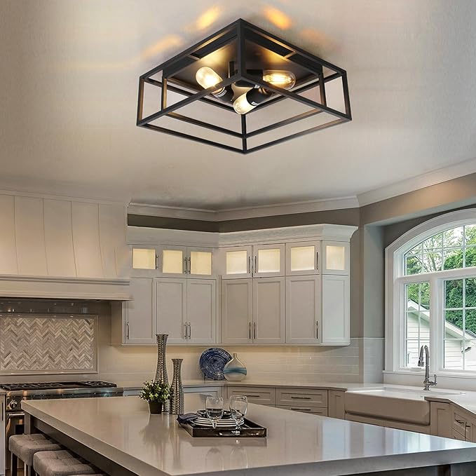 HuisMier Black Flush Mount Ceiling Light Fixture, 3-Lights Industrial Metal Close to Ceiling Lights, Farmhouse Kitchen Light Fixtures for Dining Room Bedroom Entryway Hallway