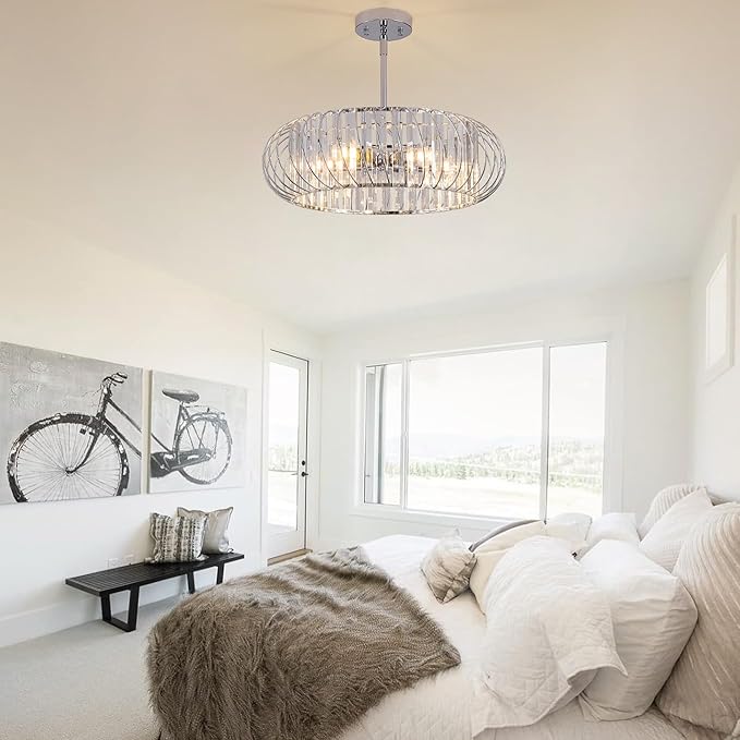 5-Light Semi Flush Mount Ceiling Light, 19 Inch Chrome Metal Cage Hallway Ceiling Lamps, Farmhouse Ceiling Light Fixture, Industrial Crystal Chandelier for Corridor Bathroom Kitchen (E12,19 Inch)