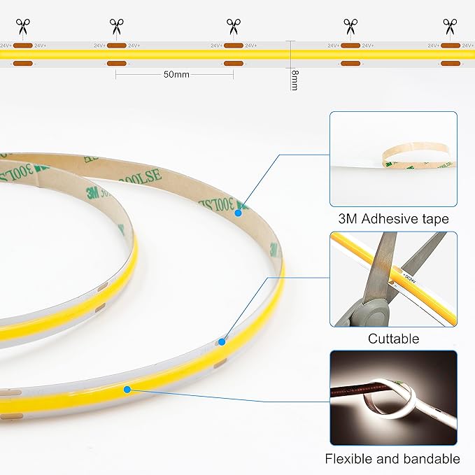 AXMOTUT COB LED Strip Light with Remote, Dimmable 24.6FT/7.5M Flexible High Density LED Light,4000K Natural White 2400LEDs Super Bright LED Light Strip CRI 90+ for Bedroom,Kitchen,DIY Home Decoration