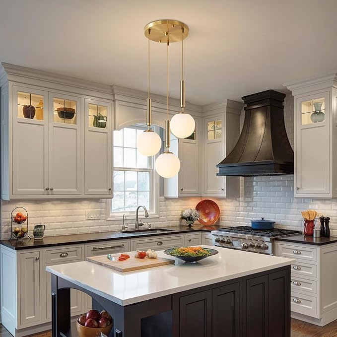KCO Lighting 3-Lighs Cluster Pendant Lighting Mid Century Gold Globe Pendant Light Large Milk White Glass Chandelier Modern Kitchen Pendant Lighting for Living Room Dining Room