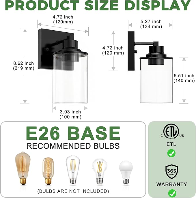 DORESshop Wall Sconces Set of 2 for Bathroom, Modern Vanity Light Fixtures with Clear Glass Shade, Black Wall Mount Lighting Lanterns for Bedroom Living Room Mirror Hallway Kitchen