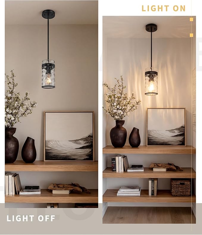 AUTELO 2 Pack Black Pendant Light, Glass Pendant Lights Kitchen Island with Hammered Glass, Modern Hanging Lamp with Adjustable Rods for Kitchen Dining Room, H-2529 HMBK2PK