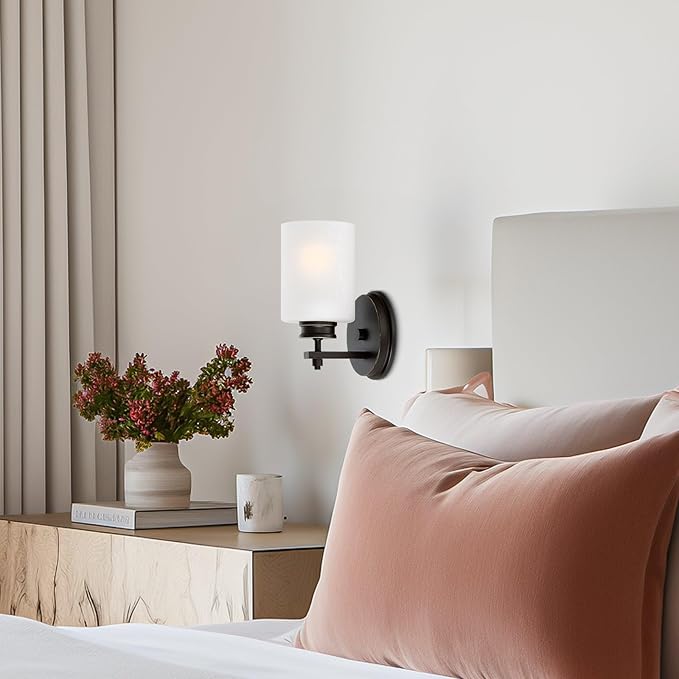 Kira Home Phoebe 8" Modern Wall Sconce with Frosted Seeded Glass Cylinder Shade, Industrial Wall Light with Cylinder Glass Shade, Oil-Rubbed Bronze Finish