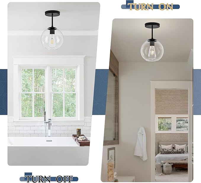 Black Semi Flush Mount Ceiling Light Fixture with Clear Glass Light Fixture Mid Century Light Fixtures Black Semi Flush Ceiling Light Fixtures for Dining Room Kitchen (Bulb Included)