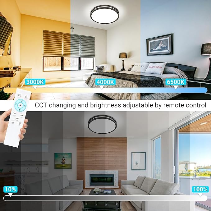 libtit 10Inch Flush Mount Ceiling Lights with Remote, 18W Dimmable LED Ceiling Light with Nightlight and Timer, 3000K-6500K Adjustable Black Light Fixture for Closet Kitchen Hallway Bathroom-2Pack