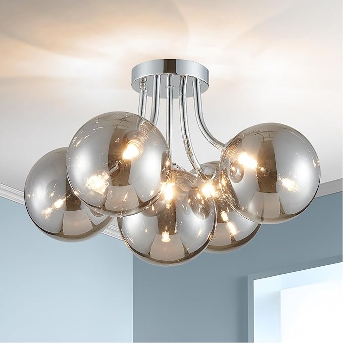 Silver Bubble Glass Chandelier 5-Light, Glass Sputnik Flush Mount Ceiling Light for Living Room, D16'' x H12'', G9*5 Sockets, Globe Bubble Light Chandelier with Grey Ball Smooth Shade
