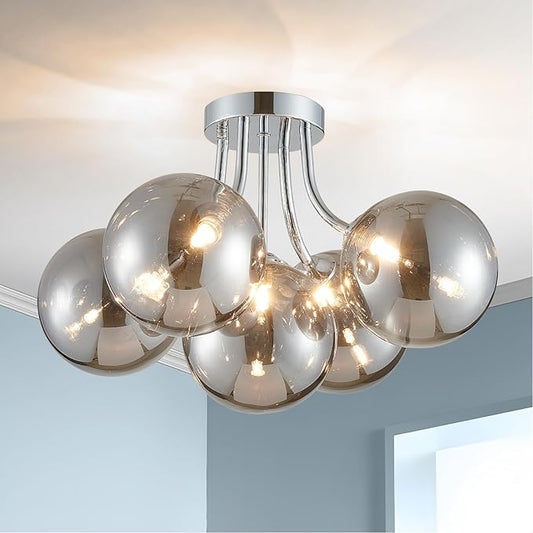 Silver Bubble Glass Chandelier 5-Light, Glass Sputnik Flush Mount Ceiling Light for Living Room, D16'' x H12'', G9*5 Sockets, Globe Bubble Light Chandelier with Grey Ball Smooth Shade