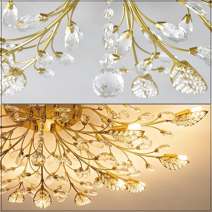 Modern Crystal Ceiling Light Fixture,Gold Semi Flush Mount Chandeliers,Crystal Leaf Ceiling Lighting,Pendent Lamp for Dining Room,Living Room,Bedroom