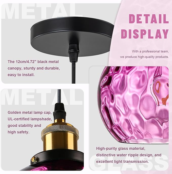 Modern Hammered Pendant Light Purple Glass Hanging Pendant Light 7.8" Globe Pendant Light Fixture Black Farmhouse Kitchen Lighting Over Island Sink Dining Room Table