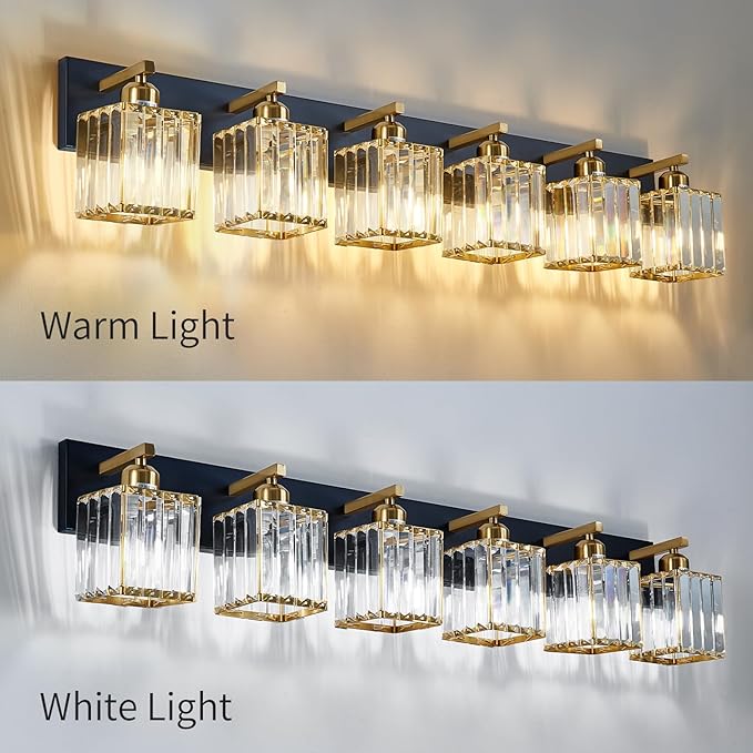 Modern Crystal Bathroom Vanity Light 6-Lights Modern Black Gold Crystal Bathroom Wall Light Over Mirror Vanity Light Fixtures