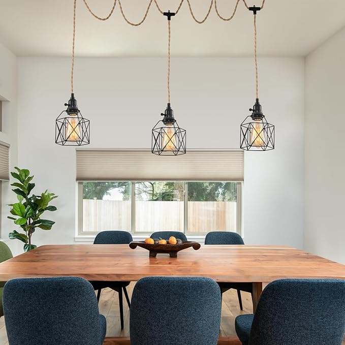 3-Light Hanging Light with Plug in Cord,Plug in Pendant Light Hemp Rope Pendant Lighting Vintage 3-Light Hanging Lamp Fixtures for Kitchen Island Living Room Bedroom