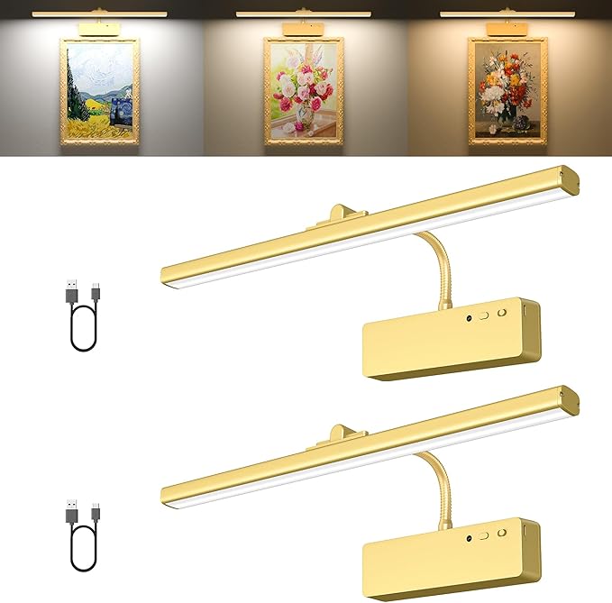 Racokky Picture Light, 15.35inch Picture Lights for Wall Rechargeable, Battery Wall Light Over Picture Frame, 3 Color Art Lighting for Paintings with Timer and Dimmable Artwork Display (Gold-2PCS)