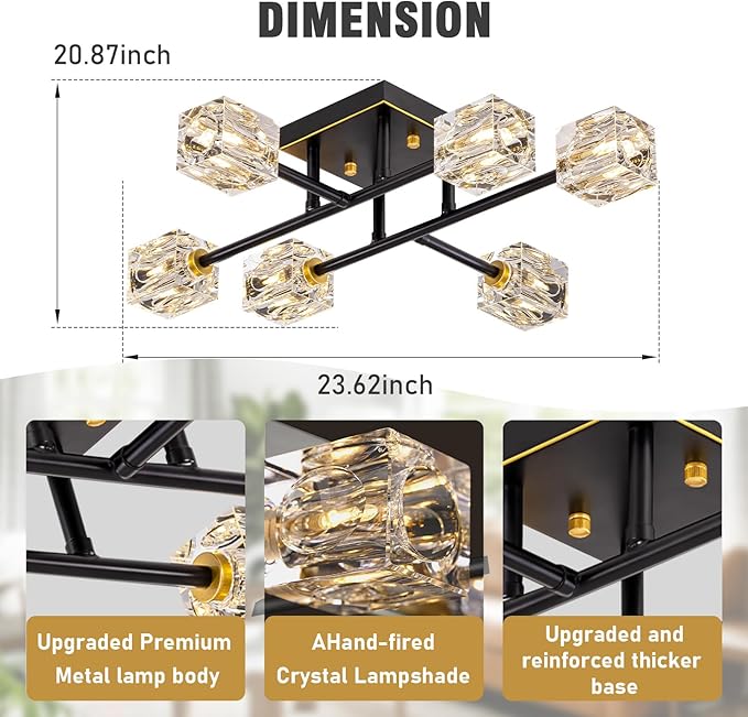 6-Light Modern Sputnik Ceiling Light Fixture，Crystal Semi Flush Mount Ceiling Light with K9 shade,Farmhouse Black and Gold Chandeliers for Dining Room,Bedroom,Living Room,Kitchen Island,Entryway