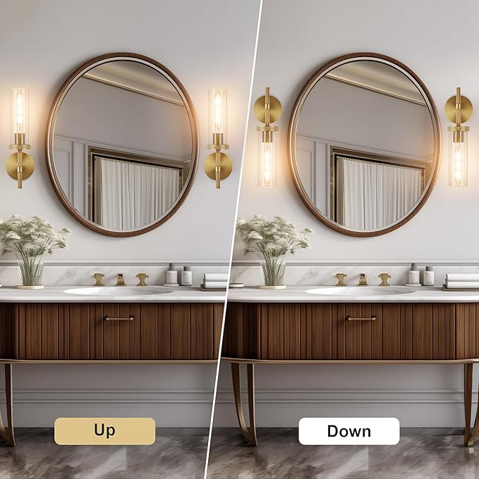 15" Knurled Brass Wall Sconce with Clear Glass Tube, Gold Bathroom Vanity Light Fixtures, Modern Lamp Lighting for Bedroom, Living Room, Hallway, Staircase, Mirror, Kitchen