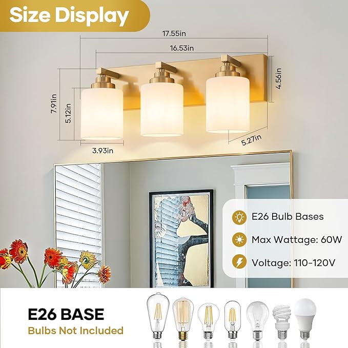 Bathroom Vanity Light Fixture, 3-Light Brushed Gold Bathroom Light Fixtures Over Mirror with Milky White Glass Shades, Modern Vanity Lights for Bathroom Living Room Hallway (Bulbs Not Included)