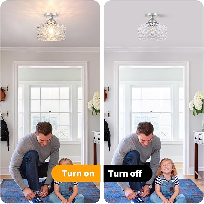 Small Semi Flush Mount Ceiling Light Fixture, Vintage Brushed Nickel Close to Ceiling Lighting with Hammered Glass Shade for Hallway, Kitchen, Entryway (Retro Design, Easy Install)