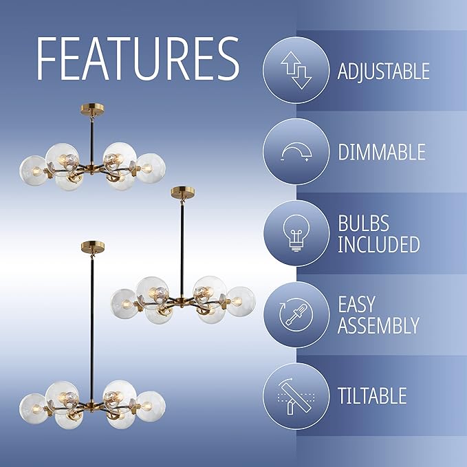 JONATHAN Y 28" Black/Brass Gold Modern 6-Light Cluster Pendant Chandelier, Clear Glass Shade Hanging Fixture for Kitchen Island Dining Room, LED Bulbs Included, Dimmable JYL9015A