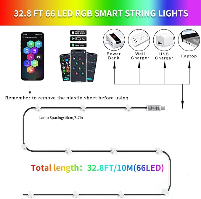 Smart Star Fairy Lights, 33FT 66 LED String Light, Tent Lights for Party with App, Music Sync,Group Control String Lights for Bedroom, Party, Wedding, Holiday Decorations (Star)