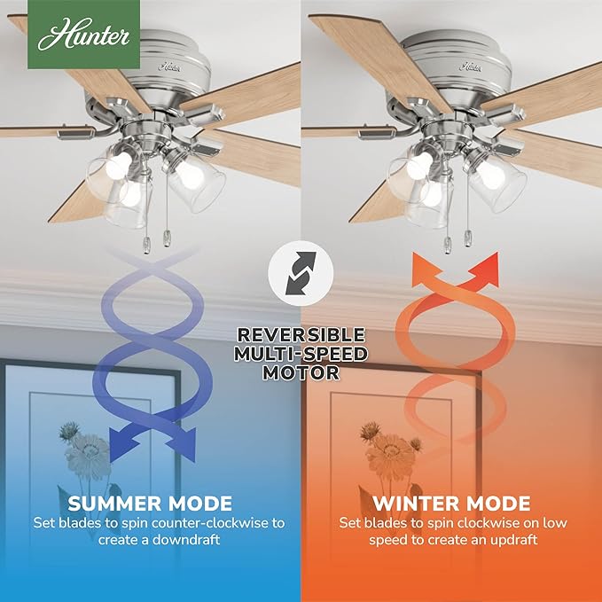 Hunter 52 inch Indoor Ceiling Fan with LED Lights and Pull Chain - Low Profile Mount Ceiling Fan, 5 Blades, For Bedroom, Living Room, or Kitchen, Quiet - Crestfield 54209, Brushed Nickel