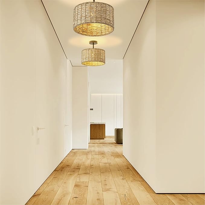 13"Rattan Ceiling Light Fixture Flush Mount, 2-Light Boho Rattan Hand-Woven Ceiling Light Fixtures Drum Wicker Chandelier Light Fixture for Dining Room Bedroom Living Room Hallway Foyer Kitchen