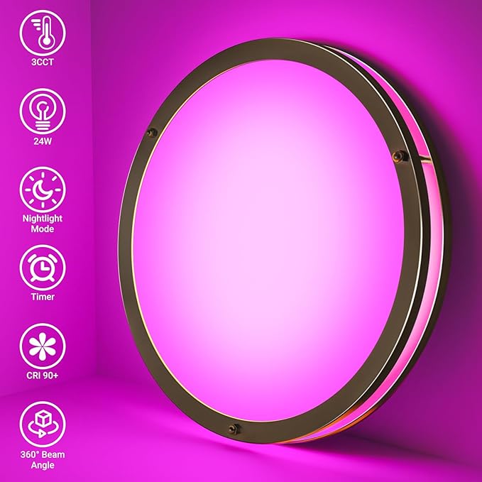 libtit 13 Inch RGB Flush Mount Ceiling Lights with Remote, 24W 3000K-6500K&Dimmable, LED Light Fixture with Nightlight and Timer for Bedroom Livingroom Bathroom-Black
