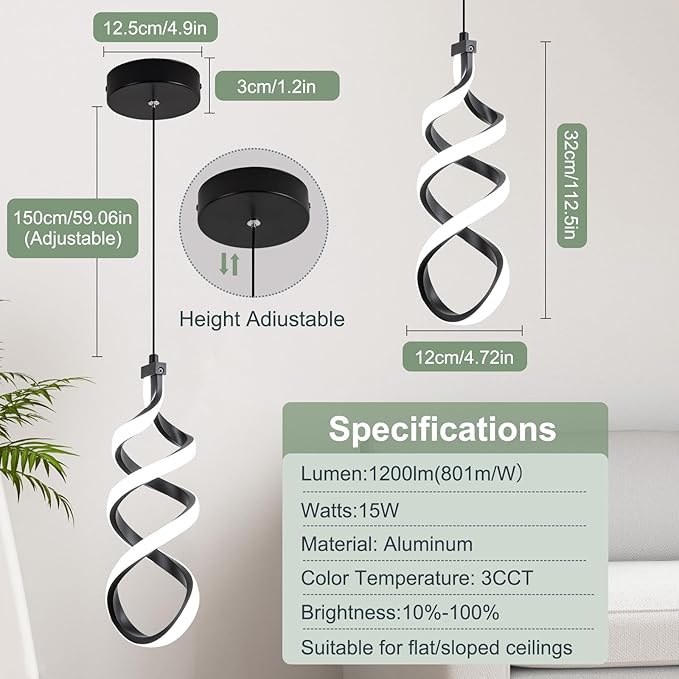 EIDISUNY Modern Led Pendant Light Fixture, 15W Black Spiral Led Chandelier Hanging Lamp, 3000K-6000K, Dimmable Pendant Lamp, Adjustable Height Pendant Light for Kitchen Island Dining Room Bedroom Cafe