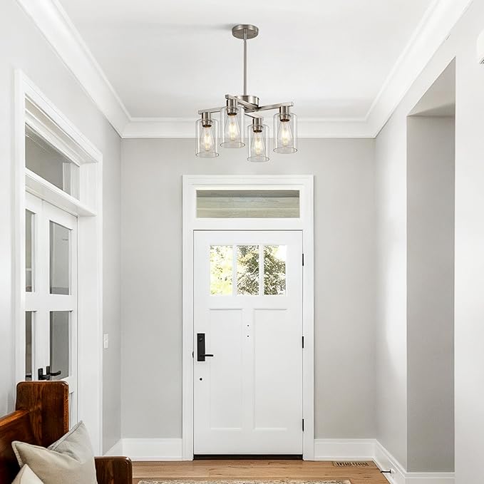 4-Light Brushed Nickel Dining Room Light Fixture, Modern Industrial Kitchen Chandelier Over Table, Adjustable Height Hanging Pendant Light for Kitchen Island, Entryway with Clear Glass Shade