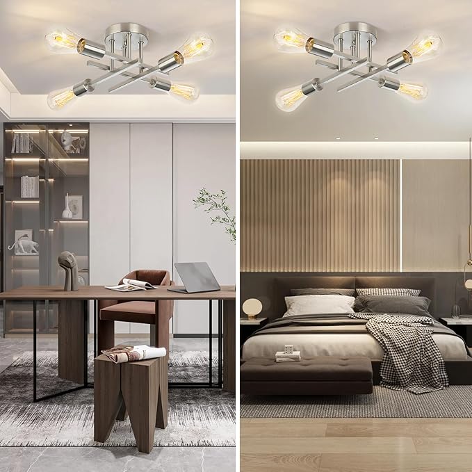 Ceiling Light, Dining Room Light Fixture with E26 Base, Semi Flush Mount Ceiling Light Fixture, Kitchen Lighting Fixtures Ceiling, 4-Light Matte Nickle Chandelier for Bedroom