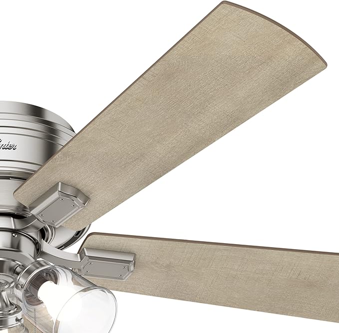 Hunter 52 inch Indoor Ceiling Fan with LED Lights and Pull Chain - Low Profile Mount Ceiling Fan, 5 Blades, For Bedroom, Living Room, or Kitchen, Quiet - Crestfield 54209, Brushed Nickel