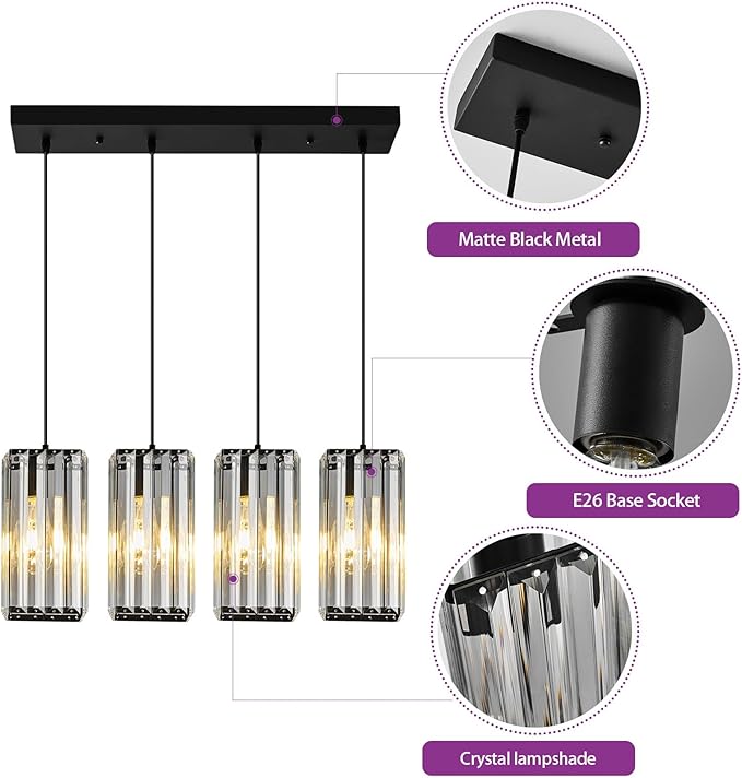 Modern Pendant Light Black Rectangle Pendant Lighting Mini Crystal Chandeliers Adjustable Pendant Light Fixture for Kitchen Island Dinning Room Living Room Corridor Bedroom(Black 4-Light)